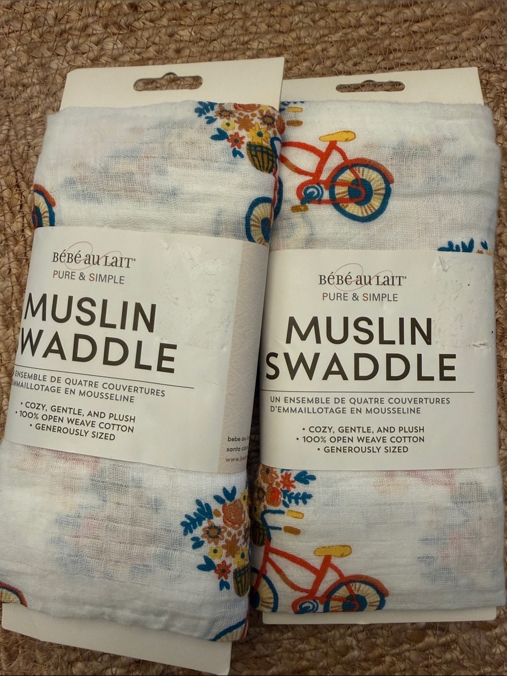 bébé au lait Muslin Swaddle - White with Blue & Orange Bicycle Print